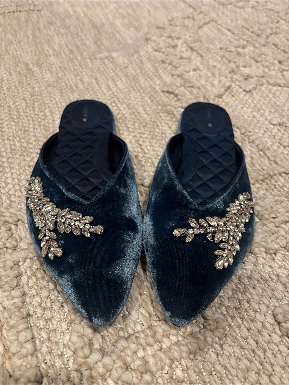 Velvet Pointed Crystal-Embellished Slip-On Mules